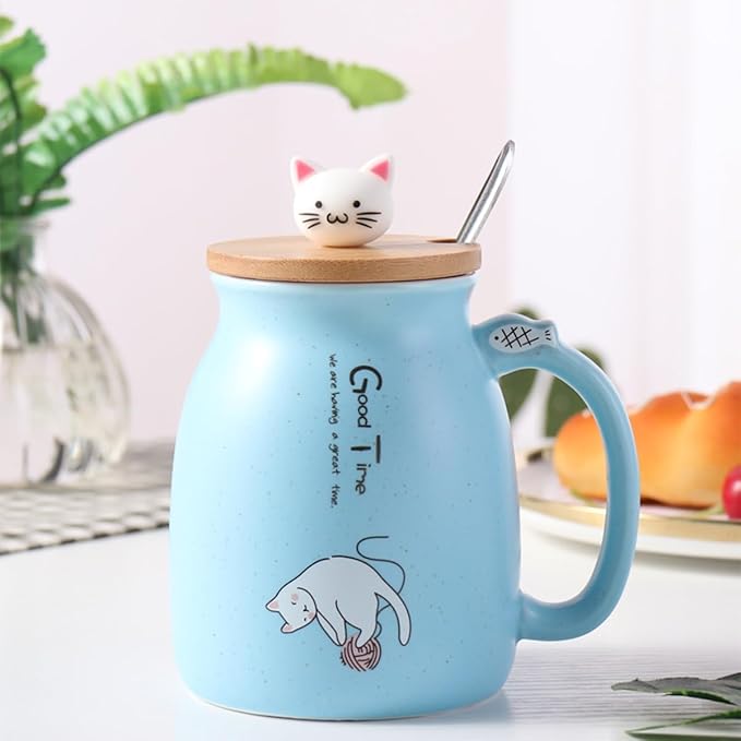 Spooky Creative Starry Sky Ceramic Mug – Cute 3D Cat Design with Lid & Spoon, Perfect for Office, Breakfast, & Gifts – Available in Blue – 420ml