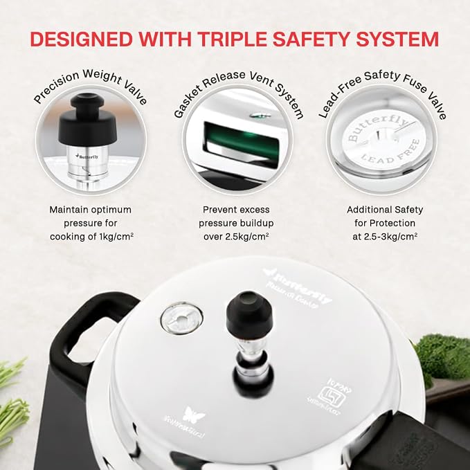 Butterfly Curve 3 Litres Stainless Steel Outer Lid Pressure Cooker | TRIPLY Base | Induction & Gas Stove Compatible | Triple Safety | ISI Certified | 5 Years Manufacturer's Warranty