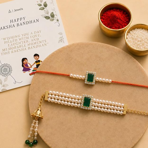 I Jewels Kundan & Pearl Bhaiya Bhabhi Lumba Rakhi Bracelet Combo Set With Roli Chawal & Rakshabandhan Card (R010-CO)