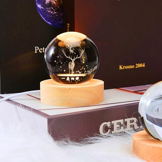 One94Store 3D Engraved Deer Crystal Globe Lamp | USB LED Night Light with Wooden Base | Creative 6 cm Crystal Ball Table Lamp for Bedroom, Home, Office Décor & Gifting (Warm White)