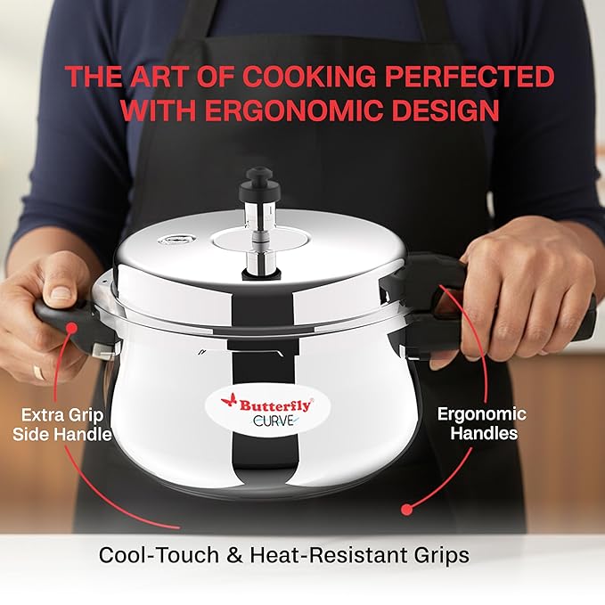 Butterfly Curve 3 Litres Stainless Steel Outer Lid Pressure Cooker | TRIPLY Base | Induction & Gas Stove Compatible | Triple Safety | ISI Certified | 5 Years Manufacturer's Warranty