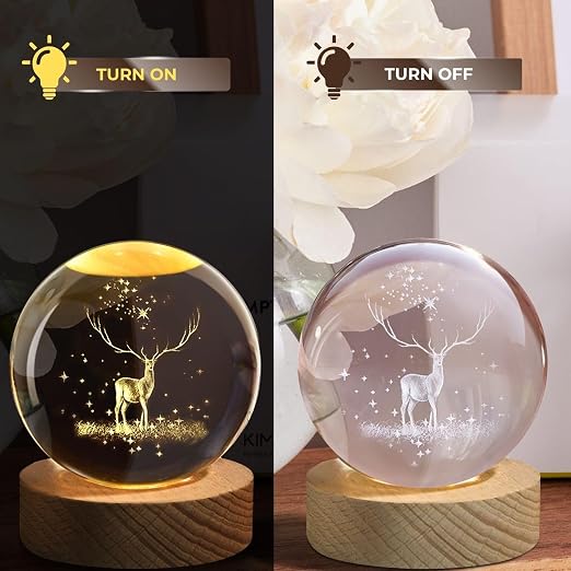 One94Store 3D Engraved Deer Crystal Globe Lamp | USB LED Night Light with Wooden Base | Creative 6 cm Crystal Ball Table Lamp for Bedroom, Home, Office Décor & Gifting (Warm White)