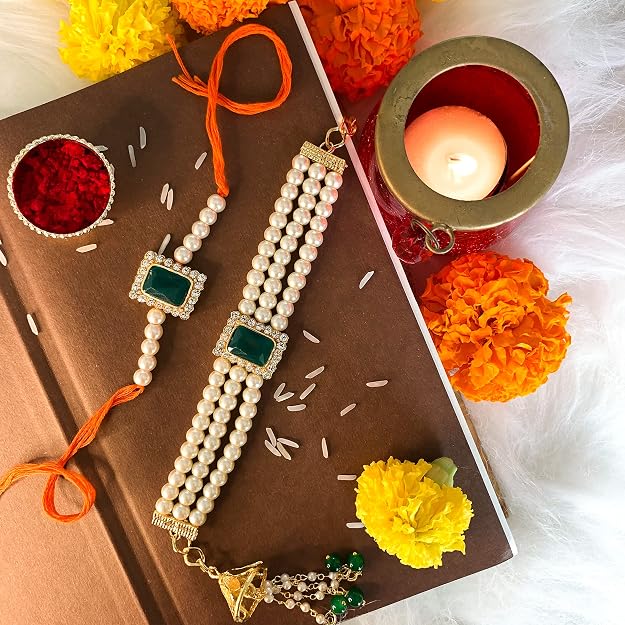 I Jewels Kundan & Pearl Bhaiya Bhabhi Lumba Rakhi Bracelet Combo Set With Roli Chawal & Rakshabandhan Card (R010-CO)
